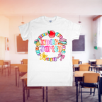 White t-shirt with 'Kinder Garten' design in a classroom setting