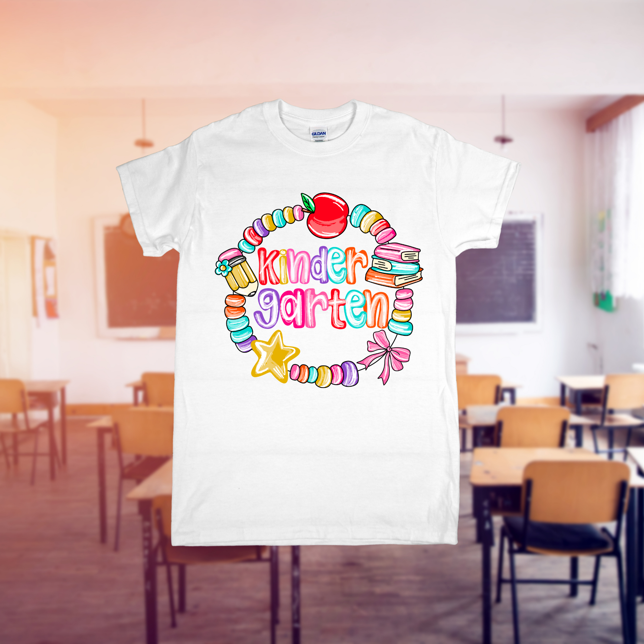 White t-shirt with 'Kinder Garten' design in a classroom setting