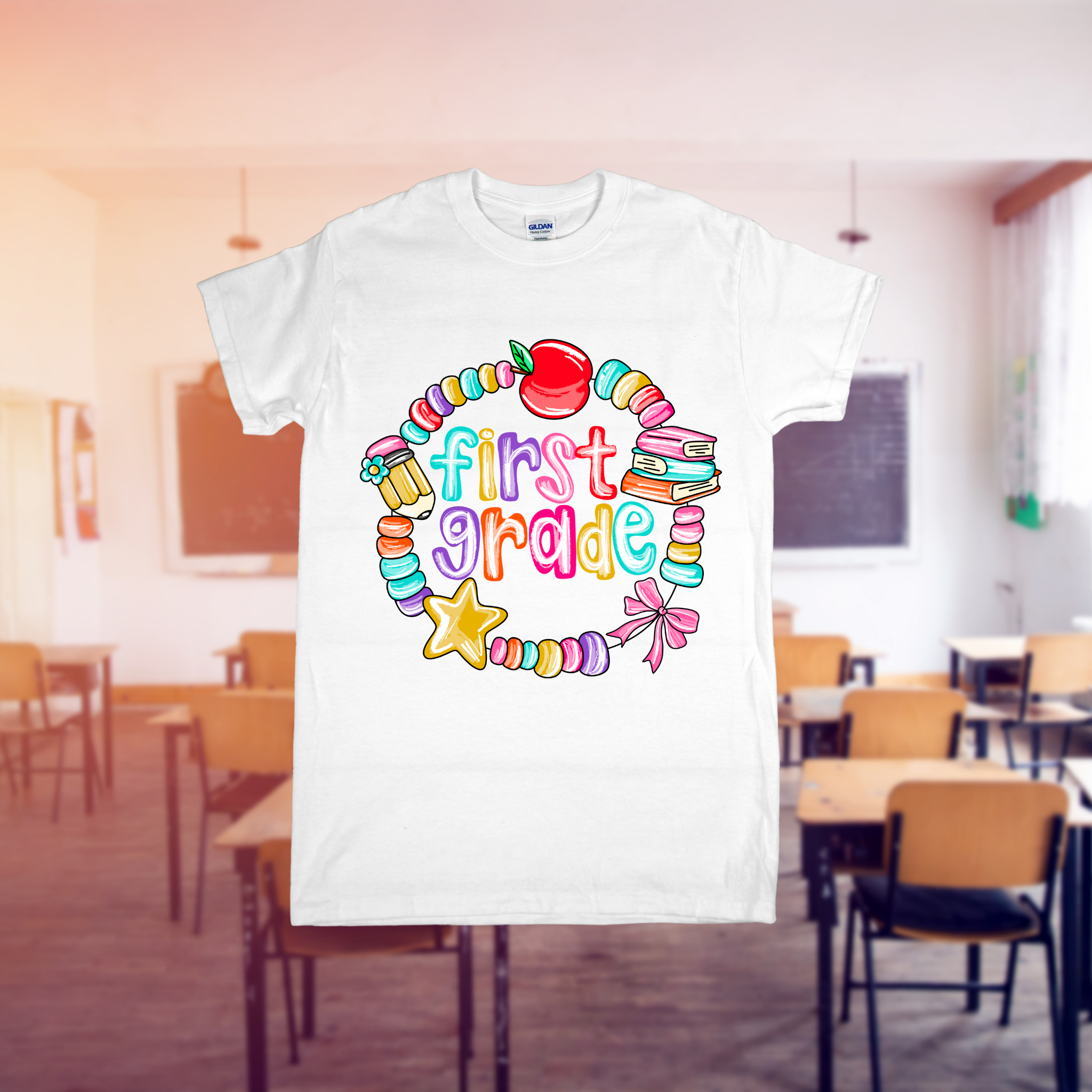 White t-shirt with 'first grade' design in a classroom setting