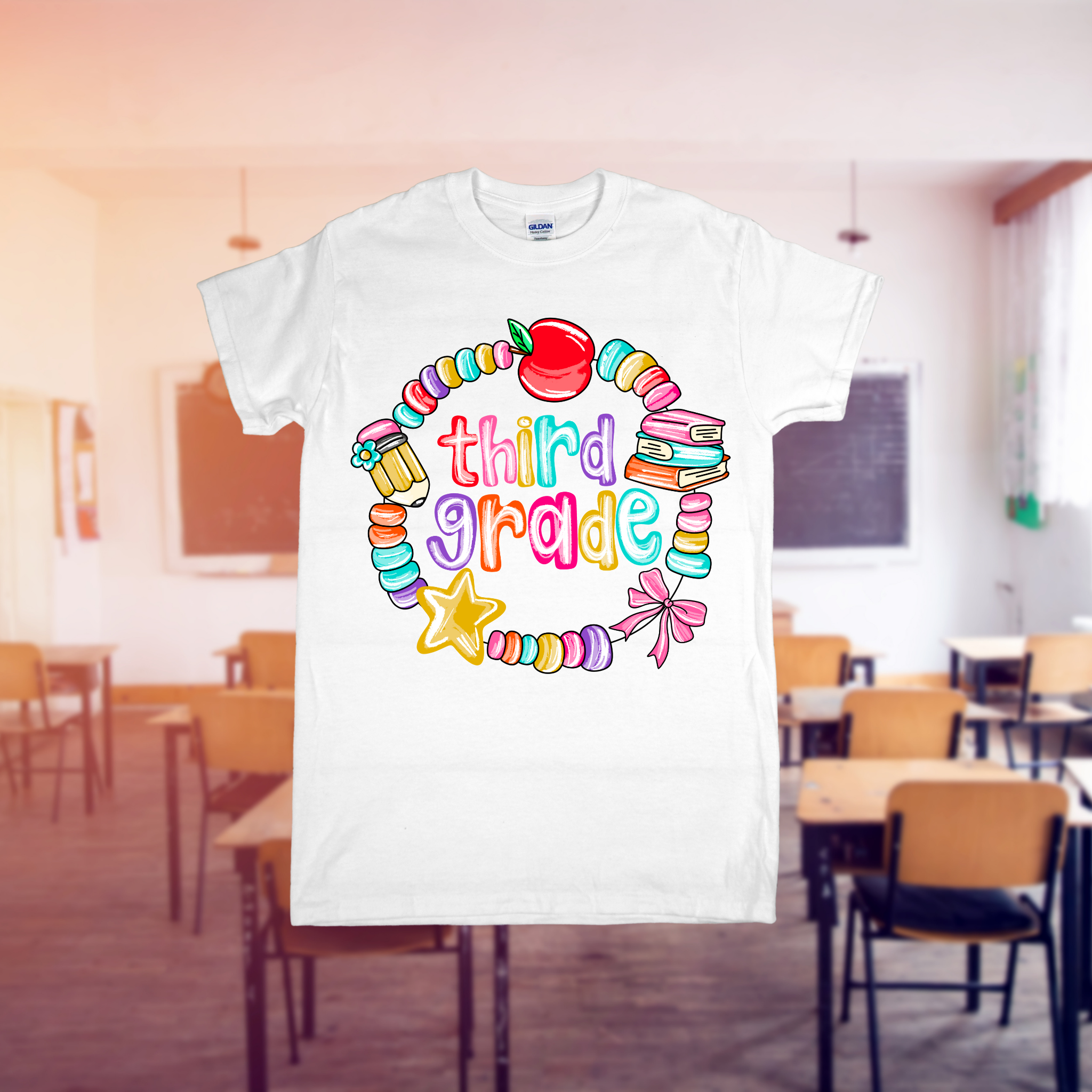 White t-shirt with 'third grade' design in a classroom setting