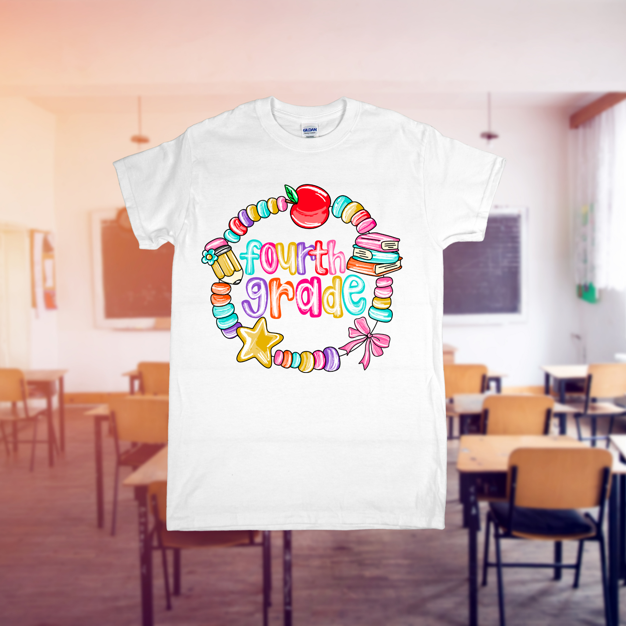 White t-shirt with 'Fourth Grade' design in a classroom setting