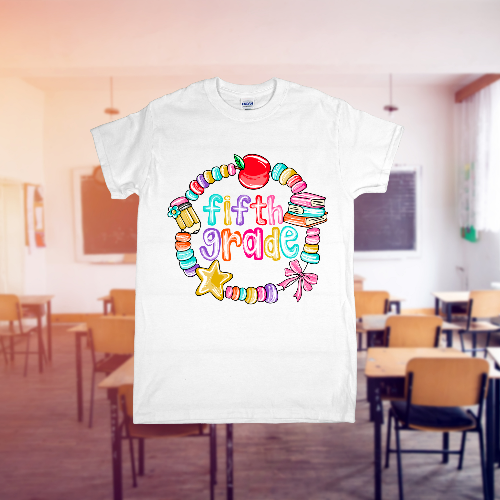 White t-shirt with 'fifth grade' design in a classroom setting