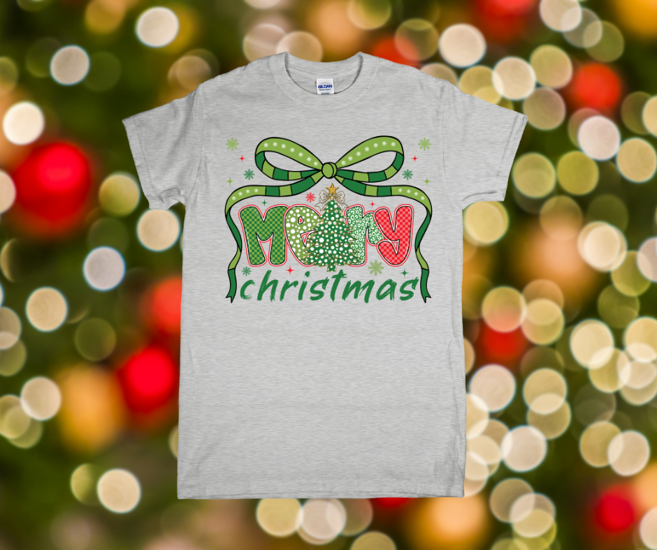 Gray t-shirt with 'Merry Christmas' design on a festive background