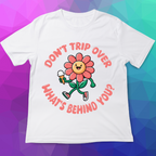 White t-shirt with a cartoon flower holding an ice cream cone and text on a colorful geometric background