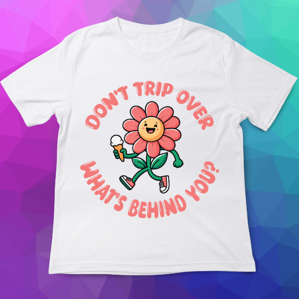 White t-shirt with a cartoon flower holding an ice cream cone and text on a colorful geometric background