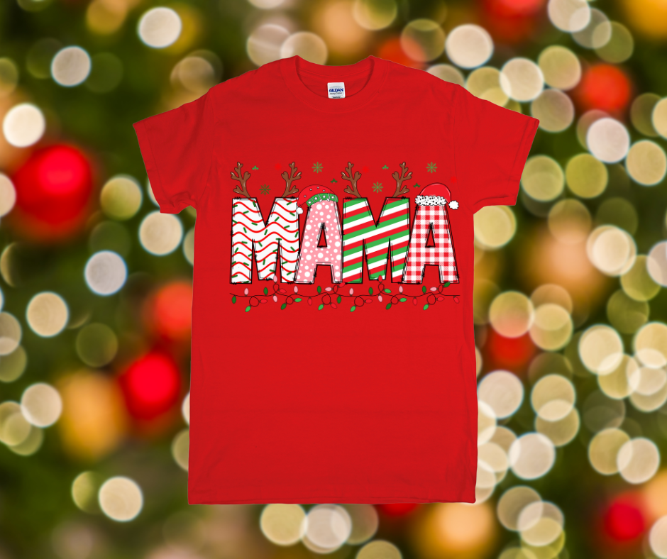 Red t-shirt with 'MAMA' print on a festive background