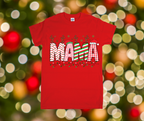 Red t-shirt with 'MAMA' print on a festive background