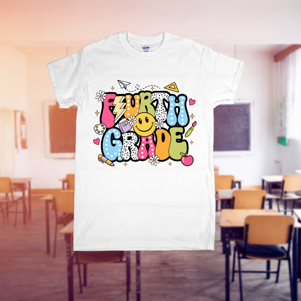 White t-shirt with 'Fourth Grade' design in a classroom setting