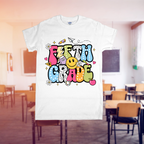 White t-shirt with colorful 'Fifth Grade' design in a classroom setting