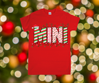 Red t-shirt with candy cane design and 'MIN' text against a festive background