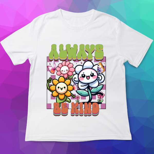 White t-shirt with cartoon flowers and 'Always Be Kind' text on a colorful geometric background