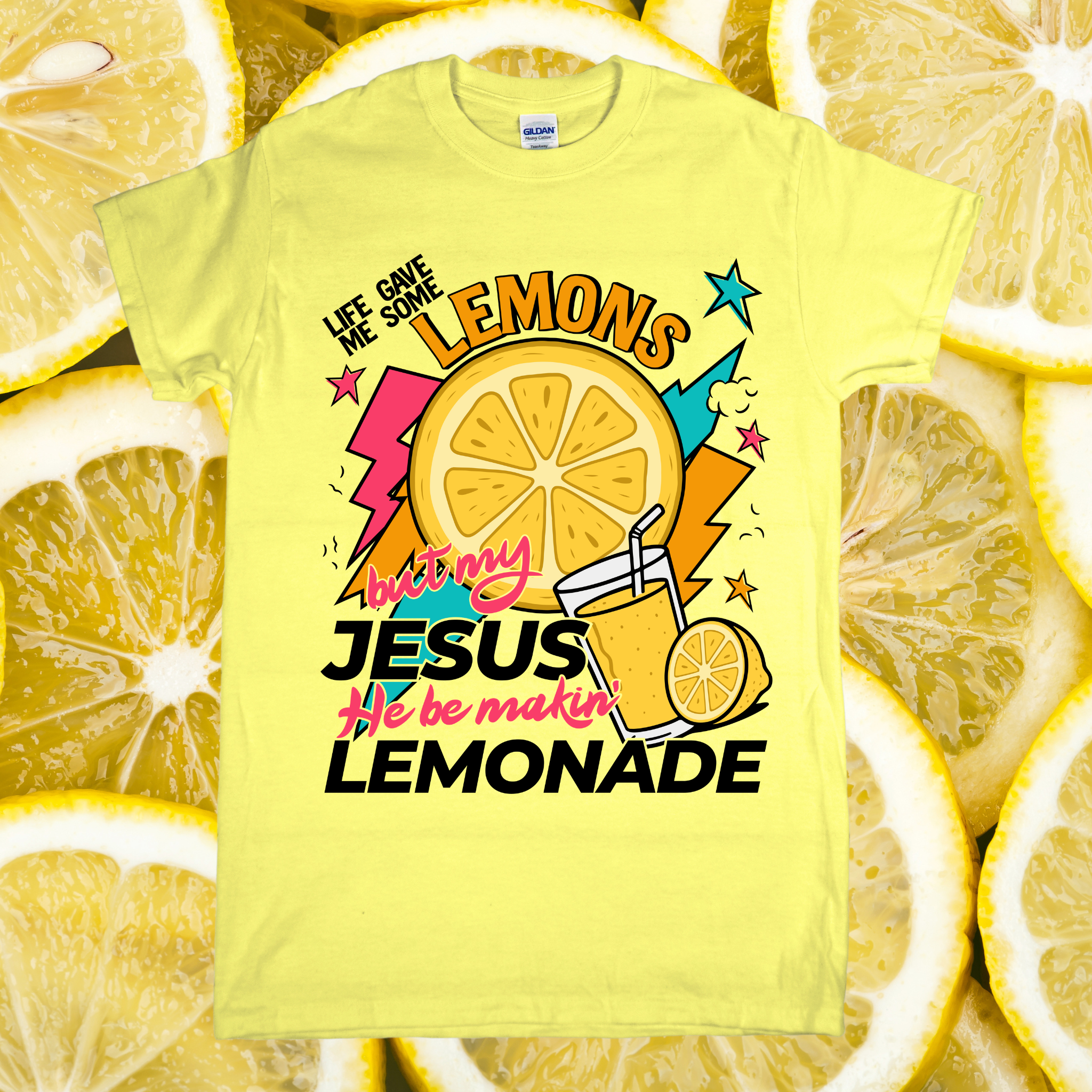 Yellow t-shirt with lemon-themed design and text on a background of lemon slices.