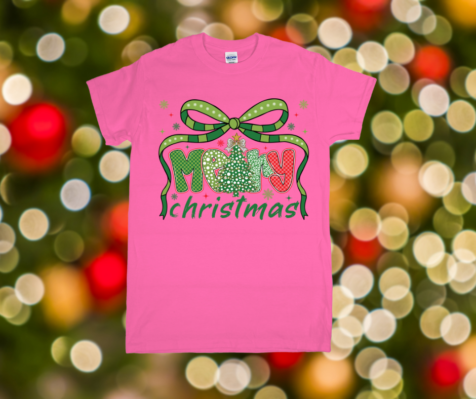 Pink t-shirt with Christmas design on a festive background