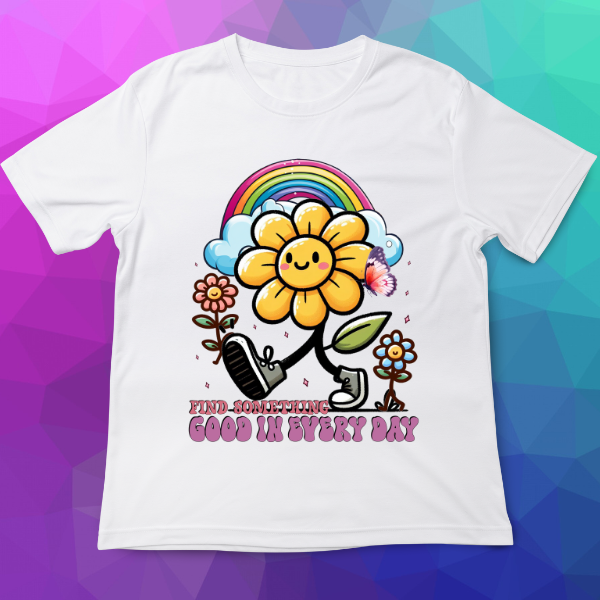 White t-shirt with a colorful flower and rainbow design on a geometric background