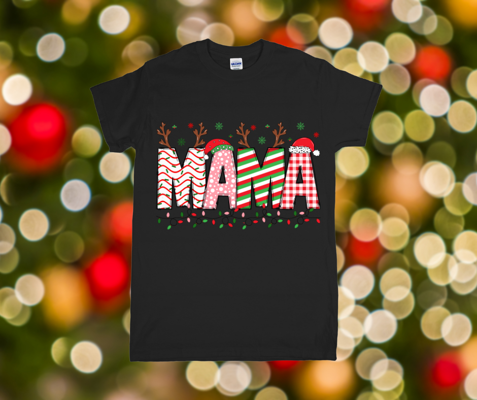 Black t-shirt with 'MAMA' text in Christmas-themed design on a blurred festive background