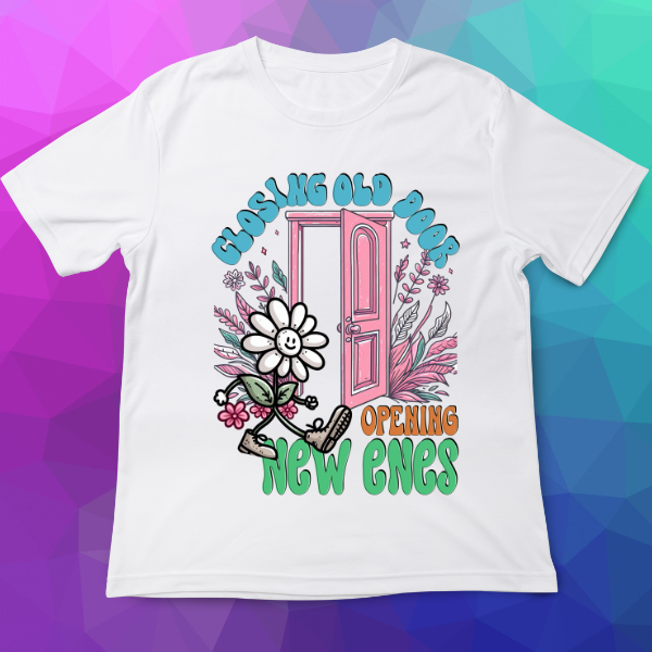 White t-shirt with a colorful graphic design on a multicolored geometric background