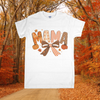 White t-shirt with 'MAMA' design in an autumn forest setting