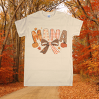 Beige t-shirt with 'MAMA' design in an autumn forest setting