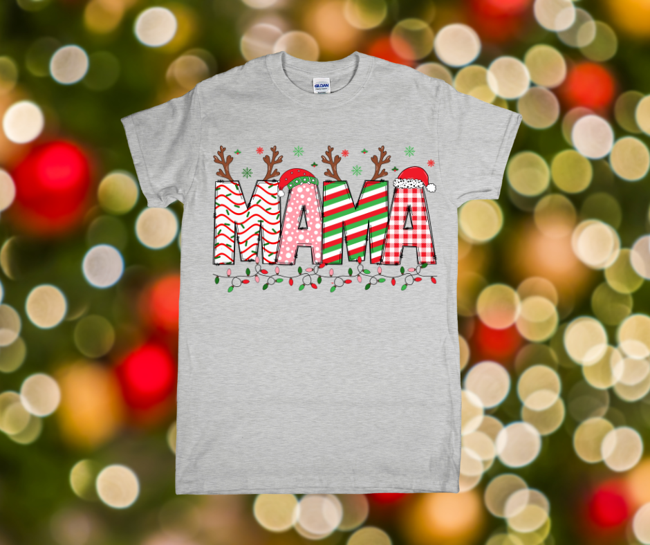 Gray t-shirt with 'MAMA' print on a festive background