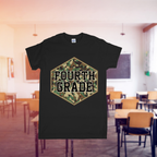 Black t-shirt with 'FOURTH GRADE' in a camouflage hexagon design on a classroom background