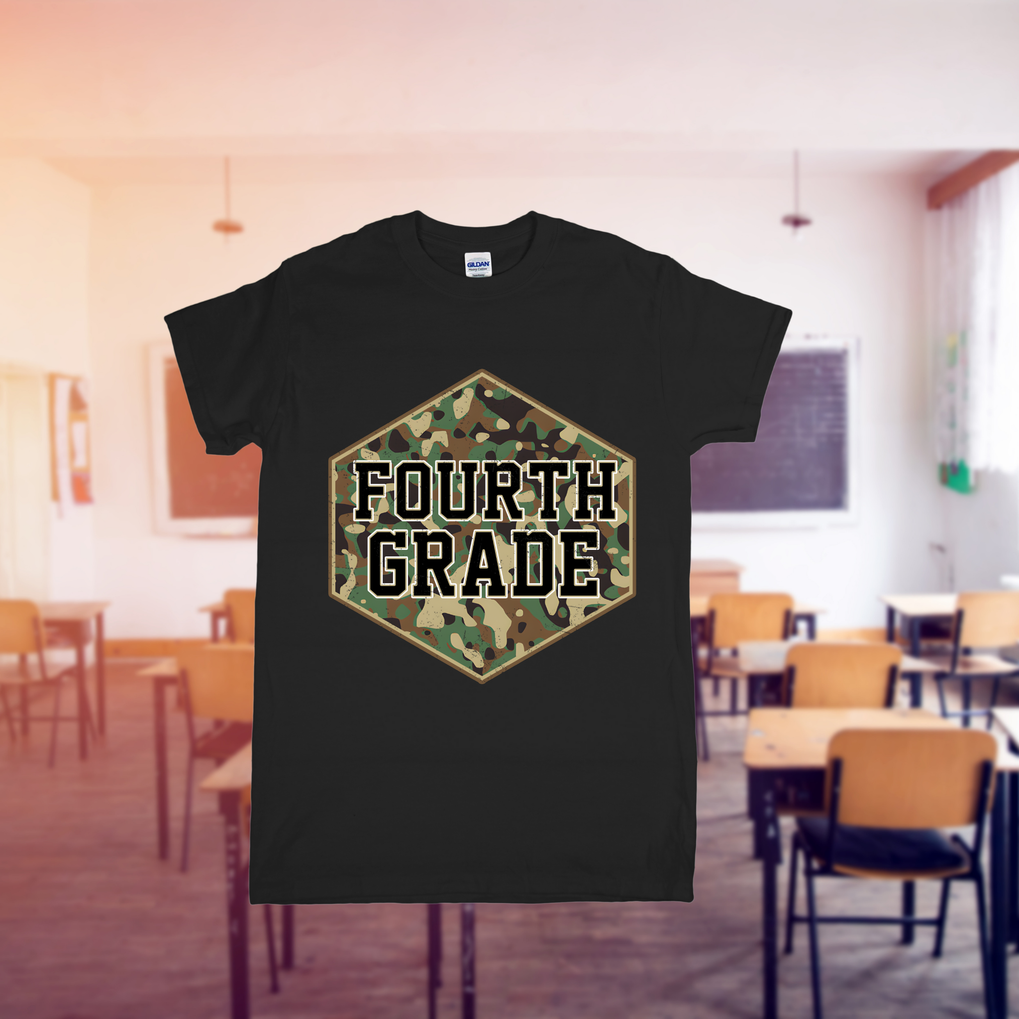 Black t-shirt with 'FOURTH GRADE' in a camouflage hexagon design on a classroom background