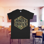 Black t-shirt with 'KINDER GARTEN' design in a classroom setting