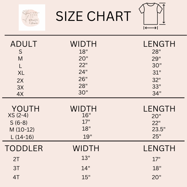 Size chart for shirts with dimensions in inches