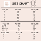 Size chart for shirts with dimensions in inches