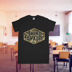 Black t-shirt with 'THIRD GRADE' print in a classroom setting