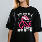 Black t-shirt with fishing-themed text and graphic on a plain background
