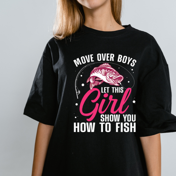 Black t-shirt with fishing-themed text and graphic on a plain background